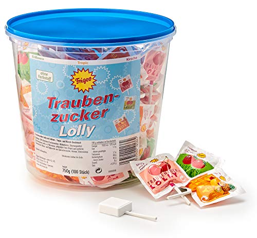 Frigeo Traubenzucker-Lolly in drei Geschmacksrichtungen: Erdbeer, Tropic und Kirsch, 100 Stück im Eimer (750 g) | 100 Stück (1er Pack) von UPMSX
