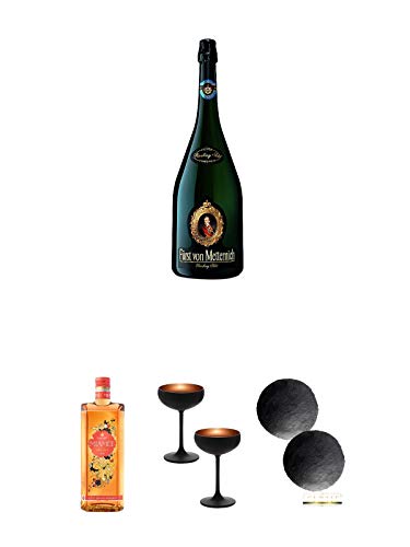 Fürst von Metternich Riesling Sekt Trocken 3,0 Liter Magnumflasche + Miamee Orange Goldwasser Likör 0,7 Liter + Sektschale/Champagnerschale Stölzle 2 Gläser - Olympic Serie MATT-SCHWARZ BRONZE 2739408 + Schiefer Glasuntersetzer RUND ca. 2 x 9,5 cm Durchme von Unbekannt