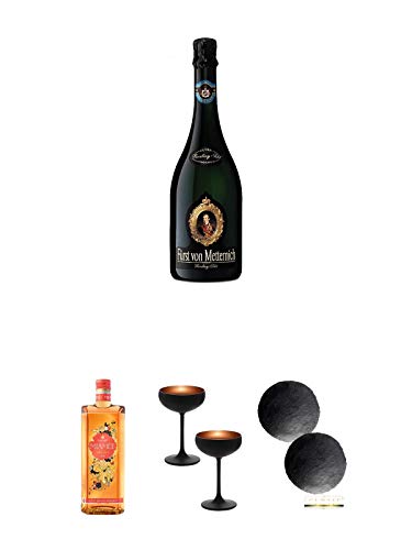 Fürst von Metternich Riesling Sekt Trocken Deutschland 0,75 Liter + Miamee Orange Goldwasser Likör 0,7 Liter + Sektschale/Champagnerschale Stölzle 2 Gläser - Olympic Serie MATT-SCHWARZ BRONZE 2739408 + Schiefer Glasuntersetzer RUND ca. 2 x 9,5 cm Durchmes von Unbekannt