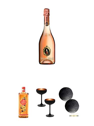 Fürst von Metternich Rosè Trocken Deutschland 0,75 Liter + Miamee Orange Goldwasser Likör 0,7 Liter + Sektschale/Champagnerschale Stölzle 2 Gläser - Olympic Serie MATT-SCHWARZ BRONZE 2739408 + Schiefer Glasuntersetzer RUND ca. 2 x 9,5 cm Durchmesser von Unbekannt