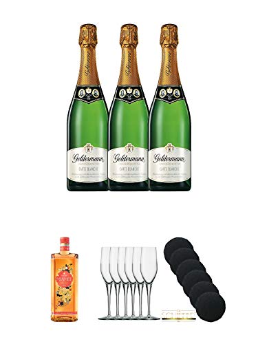 Geldermann - Carte Blanche - Flaschengärung - Trocken - Deutschland 3 x 0,75 Liter + Miamee Orange Goldwasser Likör 0,7 Liter + Stölzle Exquisit Sektkelch 6er Pack + Schiefer Glasuntersetzer rund 6 x ca. 9,5 cm Durchmesser von Unbekannt