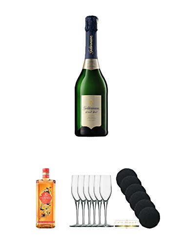 Geldermann Grand Brut - Flaschengärung - Trocken - Deutschland 0,75 Liter + Miamee Orange Goldwasser Likör 0,7 Liter + Stölzle Exquisit Sektkelch 6er Pack + Schiefer Glasuntersetzer rund 6 x ca. 9,5 cm Durchmesser von Unbekannt