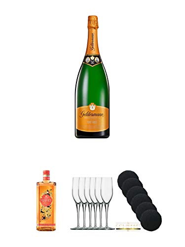 Geldermann - ROSE - Flaschengärung Trocken Deutschland 1,50 Liter MAGNUM + Miamee Orange Goldwasser Likör 0,7 Liter + Stölzle Exquisit Sektkelch 6er Pack + Schiefer Glasuntersetzer rund 6 x ca. 9,5 cm Durchmesser von Unbekannt