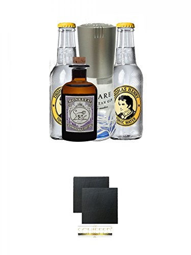 Gin Mare Miniatur 0,1 Liter + Monkey Mini + 2 x Thomas Henry Tonic Water 0,2 Liter + Schiefer Glasuntersetzer eckig ca. 9,5 cm Ø 2 Stück von Unbekannt