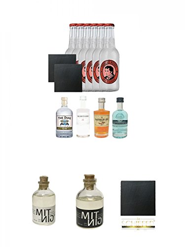 Gin Probierset 1 x London Blue Gin 5 cl + Botanist 5 cl + Duke 5 cl + 1 x Saffron 5 cl + 6 x Thomas Henry Spicy Ginger 0,2 Liter + 2 Schieferuntersetzer + Mitnig 58 Gin - White - 0,05 Liter MINIATUR + Mitnig Gin - Black - 0,05 Liter MINIATUR + Schiefer Gl Gin Probierset 1 x London Blue Gin 5 cl + Botanist 5 cl + Duke 5 cl + 1 x Saffron 5 cl + 6 x Thomas Henry Spicy Ginger 0,2 Liter + 2 Schieferuntersetzer + Mitnig 58 Gin - White - 0,05 Liter MINIATUR + Mitnig Gin - Black - 0,05 Liter MINIATUR + Schiefer Gl von Unbekannt