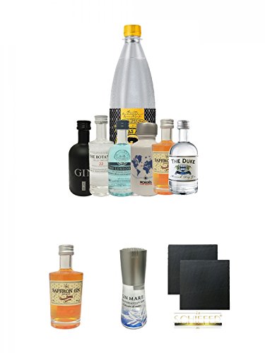 Gin Probierset 1 x Nordes Gin 5cl + Botanist 5 cl + Duke 5 cl + London Blue 5 cl + Saffron 5cl + Black Gin 5cl + 1 Liter Thomas Henry Tonic + Boudier Saffron Frankreich Gin 0,05 Liter + Gin Mare aus Spanien 0,1 Liter Miniaturenflasche + Schiefer Glasunter von Unbekannt