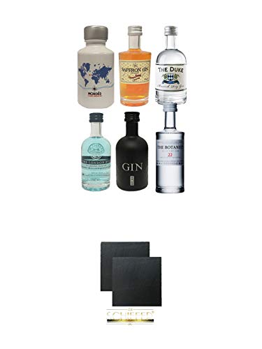 Gin Probierset 1 x Nordes Gin 5cl + Botanist 5 cl + Duke 5 cl + London Blue 5 cl + Saffron 5cl + Black Gin 5cl + Schiefer Glasuntersetzer eckig ca. 9,5 cm Ø 2 Stück von Unbekannt