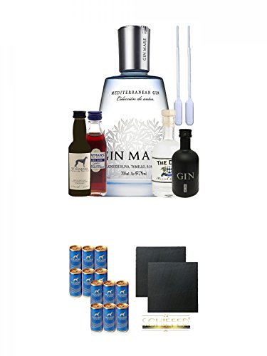 Gin Probierset 4cl Windspiel Dry Gin, 5cl Gansloser Black Gin, 5cl Hayman Slo Gin, 10cl The Duke Gin, 0,7L Gin Mare + 2 Einwegpipetten + Windspiel Tonic Water 0,2l Dose 12 Stück + Schiefer Glasuntersetzer eckig ca. 9,5 cm Ø 2 Stück von Unbekannt