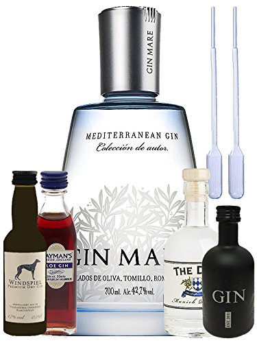 Gin Probierset 4cl Windspiel Dry Gin, 5cl Gansloser Black Gin, 5cl Hayman Slo Gin, 10cl The Duke Gin, 0,7L Gin Mare + 2 Einwegpipetten von Unbekannt