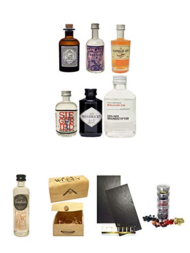 Gin Probierset Monkey 5cl, Applaus 5cl, Saffron 5cl, Siegfried 4 cl, Hendricks 5 cl, Black Gin 5 cl + Friedrichs Gin 0,04 Liter Miniatur + 1a Whisky Holzbox mit Flexdeckel groß + 2er Set Schiefer Servierplatte/Buffetplatte/Käseplatte 30 x 20 x 0,7 cm Natu Gin Probierset Monkey 5cl, Applaus 5cl, Saffron 5cl, Siegfried 4 cl, Hendricks 5 cl, Black Gin 5 cl + Friedrichs Gin 0,04 Liter Miniatur + 1a Whisky Holzbox mit Flexdeckel groß + 2er Set Schiefer Servierplatte/Buffetplatte/Käseplatte 30 x 20 x 0,7 cm Natu von Unbekannt