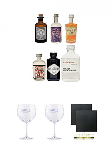 Gin Probierset Monkey 5cl, Applaus 5cl, Saffron 5cl, Siegfried 5 cl, Hendricks 5 cl, Brandstifter 0,1 Liter + Citadelle Ballon GIN Glas 1 Stück + Citadelle Ballon GIN Glas 1 Stück + Schiefer Glasuntersetzer eckig ca. 9,5 cm Ø 2 Stück Gin Probierset Monkey 5cl, Applaus 5cl, Saffron 5cl, Siegfried 5 cl, Hendricks 5 cl, Brandstifter 0,1 Liter + Citadelle Ballon GIN Glas 1 Stück + Citadelle Ballon GIN Glas 1 Stück + Schiefer Glasuntersetzer eckig ca. 9,5 cm Ø 2 Stück von Unbekannt