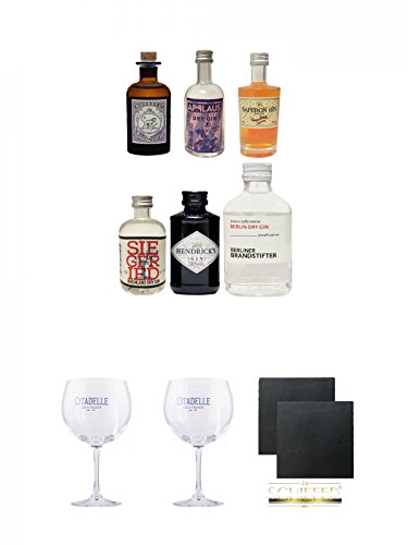 Gin Probierset Monkey 5cl, Applaus 5cl, Saffron 5cl, Siegfried 5 cl, Hendricks 5 cl, Brandstifter 0,1 Liter + Citadelle Ballon GIN Glas 1 Stück + Citadelle Ballon GIN Glas 1 Stück + Schiefer Glasuntersetzer eckig ca. 9,5 cm Ø 2 Stück von Unbekannt