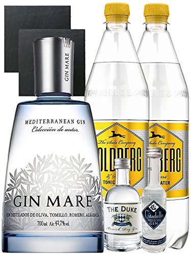 Gin-Set Gin Mare aus Spanien 0,7 Liter + The Duke München Dry Gin 5 cl + Citadelle Gin aus Frankreich 5 cl + 2 x Goldberg Tonic Water 1,0 Liter + 2 Schieferuntersetzer quadratisch 9,5 cm von Unbekannt