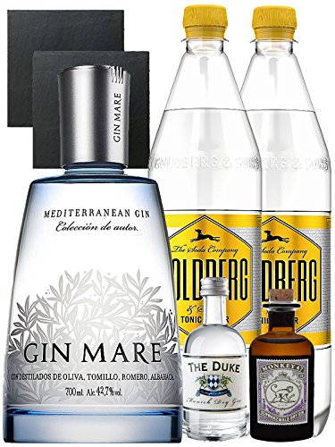 Gin-Set Gin Mare aus Spanien 0,7 Liter + The Duke München Dry Gin 5 cl + Monkey 47 Schwarzwald Dry Gin 5 cl MINIATUR + 2 x Goldberg Tonic Water 1,0 Liter + 2 Schieferuntersetzer quadratisch 9,5 cm Gin-Set Gin Mare aus Spanien 0,7 Liter + The Duke München Dry Gin 5 cl + Monkey 47 Schwarzwald Dry Gin 5 cl MINIATUR + 2 x Goldberg Tonic Water 1,0 Liter + 2 Schieferuntersetzer quadratisch 9,5 cm von Unbekannt