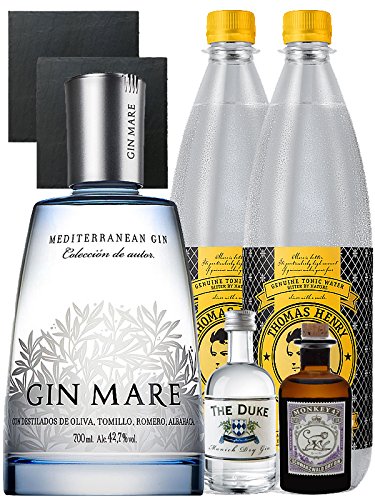 Gin-Set Gin Mare aus Spanien 0,7 Liter + The Duke München Dry Gin 5 cl + Monkey 47 Schwarzwald Dry Gin 5 cl MINIATUR + 2 x Thomas Henry Tonic Water 1,0 Liter + 2 Schieferuntersetzer quadratisch 9,5 cm Gin-Set Gin Mare aus Spanien 0,7 Liter + The Duke München Dry Gin 5 cl + Monkey 47 Schwarzwald Dry Gin 5 cl MINIATUR + 2 x Thomas Henry Tonic Water 1,0 Liter + 2 Schieferuntersetzer quadratisch 9,5 cm von Unbekannt