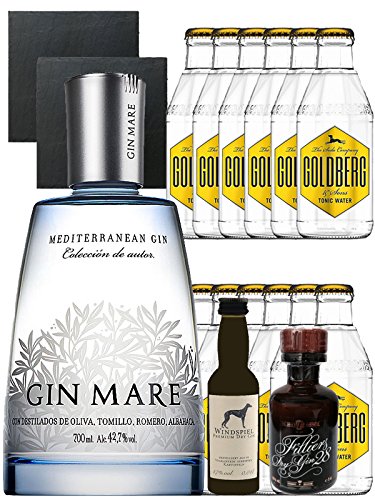 Gin-Set Gin Mare aus Spanien 0,7 Liter + Windspiel Premium Dry Gin Deutschland 0,04 Liter + Filliers Premium Dry Gin Belgien 0,05 Liter MINIATUR, 12 x Goldberg Tonic Water 0,2 Liter + 2 Schieferuntersetzer quadratisch 9,5 cm von Unbekannt