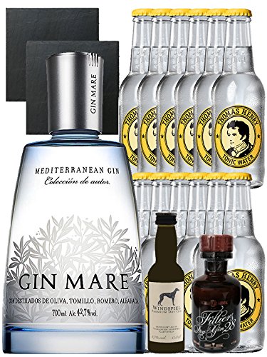 Gin-Set Gin Mare aus Spanien 0,7 Liter + Windspiel Premium Dry Gin Deutschland 0,04 Liter + Filliers Premium Dry Gin Belgien 0,05 Liter MINIATUR, 12 x Thomas Henry Tonic Water 0,2 Liter + 2 Schieferuntersetzer quadratisch 9,5 cm von Unbekannt