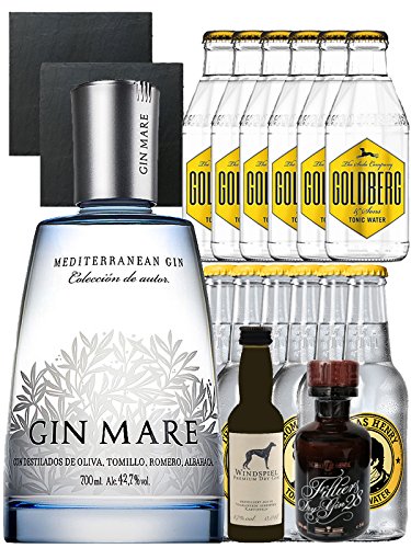 Gin-Set Gin Mare aus Spanien 0,7 Liter + Windspiel Premium Dry Gin Deutschland 0,04 Liter + Filliers Premium Dry Gin Belgien 0,05 Liter MINIATUR, 6 x Thomas Henry Tonic Water 0,2 Liter, 6 x Goldberg Tonic Water 0,2 Liter + 2 Schieferuntersetzer quadratisc von Unbekannt