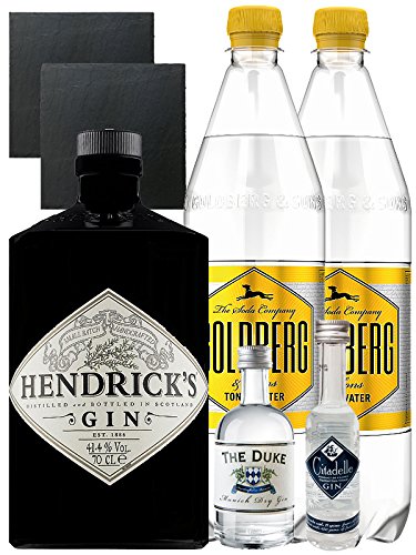 Gin-Set Hendricks Gin Small Batch 0,7 Liter + The Duke München Dry Gin 5 cl + Citadelle Gin aus Frankreich 5 cl + 2 x Goldberg Tonic Water 1,0 Liter + 2 Schieferuntersetzer quadratisch 9,5 cm Gin-Set Hendricks Gin Small Batch 0,7 Liter + The Duke München Dry Gin 5 cl + Citadelle Gin aus Frankreich 5 cl + 2 x Goldberg Tonic Water 1,0 Liter + 2 Schieferuntersetzer quadratisch 9,5 cm von Unbekannt