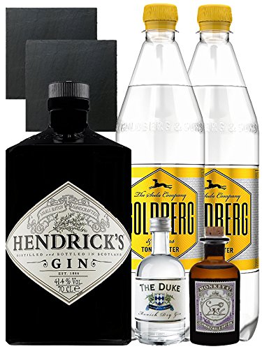 Gin-Set Hendricks Gin Small Batch 0,7 Liter + The Duke München Dry Gin 5 cl + Monkey 47 Schwarzwald Dry Gin 5 cl MINIATUR + 2 x Goldberg Tonic Water 1,0 Liter + 2 Schieferuntersetzer quadratisch 9,5 cm von Unbekannt