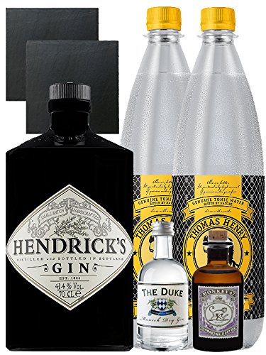 Gin-Set Hendricks Gin Small Batch 0,7 Liter + The Duke München Dry Gin 5 cl + Monkey 47 Schwarzwald Dry Gin 5 cl MINIATUR + 2 x Thomas Henry Tonic Water 1,0 Liter + 2 Schieferuntersetzer quadratisch 9,5 cm von Unbekannt