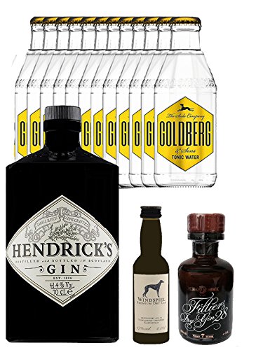 Gin-Set Hendricks Gin Small Batch 0,7 Liter + Windspiel Premium Dry Gin Deutschland 0,04 Liter + Filliers Premium Dry Gin Belgien 0,05 Liter MINIATUR, 12 x Goldberg Tonic Water 0,2 Liter von Unbekannt