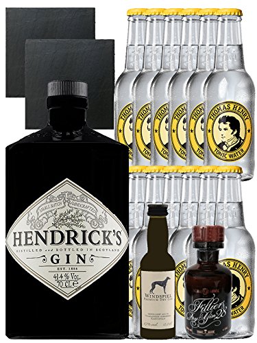 Gin-Set Hendricks Gin Small Batch 0,7 Liter + Windspiel Premium Dry Gin Deutschland 0,04 Liter + Filliers Premium Dry Gin Belgien 0,05 Liter MINIATUR, 12 x Thomas Henry Tonic Water 0,2 Liter + 2 Schieferuntersetzer quadratisch 9,5 cm von Unbekannt