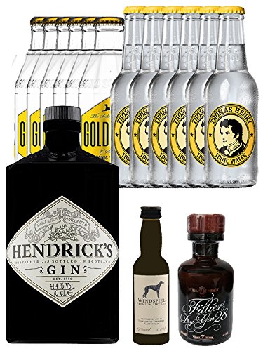 Gin-Set Hendricks Gin Small Batch 0,7 Liter + Windspiel Premium Dry Gin Deutschland 0,04 Liter + Filliers Premium Dry Gin Belgien 0,05 Liter MINIATUR, 6 x Thomas Henry Tonic Water 0,2 Liter, 6 x Goldberg Tonic Water 0,2 Liter von Unbekannt
