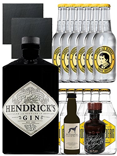 Gin-Set Hendricks Gin Small Batch 0,7 Liter + Windspiel Premium Dry Gin Deutschland 0,04 Liter + Filliers Premium Dry Gin Belgien 0,05 Liter MINIATUR, 6 x Thomas Henry Tonic Water 0,2 Liter, 6 x Goldberg Tonic Water 0,2 Liter + 2 Schieferuntersetzer quadr von Unbekannt