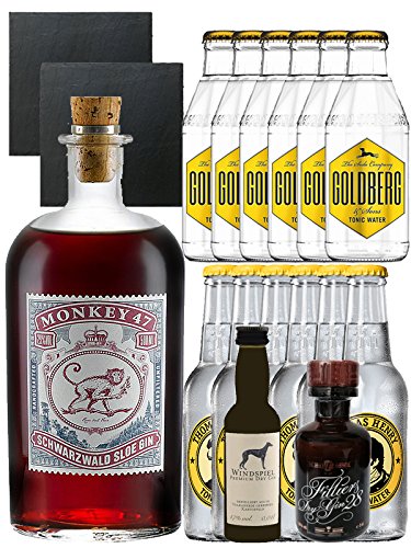 Gin-Set Monkey 47 SLOE GIN Dry Gin 0,5 Liter + Windspiel Dry Gin 0,04 Liter + Filliers Dry Gin 0,05 Liter, 6 x Thomas Henry Tonic Water 0,2 Liter, 6 x Goldberg Tonic Water 0,2 Liter + 2 Schieferuntersetzer quadratisch 9,5cm von Unbekannt