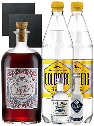 Gin-Set Monkey 47 SLOE GIN Schwarzwald Dry Gin 0,5 Liter + The Duke München Dry Gin 5 cl + Citadelle Gin aus Frankreich 5 cl + 2 x Goldberg Tonic Water 1,0 Liter + 2 Schieferuntersetzer quadratisch 9,5 cm von Unbekannt