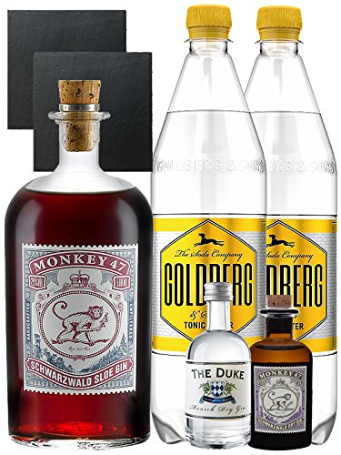 Gin-Set Monkey 47 SLOE GIN Schwarzwald Dry Gin 0,5 Liter + The Duke München Dry Gin 5 cl + Monkey 47 Schwarzwald Dry Gin 5 cl MINIATUR + 2 x Goldberg Tonic Water 1,0 Liter + 2 Schieferuntersetzer quadratisch 9,5 cm von Unbekannt