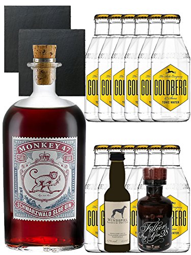 Gin-Set Monkey 47 SLOE GIN Schwarzwald Dry Gin 0,5 Liter + Windspiel Premium Dry Gin Deutschland 0,04 Liter + Filliers Premium Dry Gin Belgien 0,05 Liter MINIATUR, 12 x Goldberg Tonic Water 0,2 Liter + 2 Schieferuntersetzer quadratisch 9,5 cm von Unbekannt