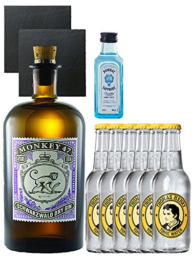 Gin-Set Monkey 47 Schwarzwald Dry Gin 0,5 Liter + Bombay Sapphire Gin 5 cl Miniatur + 6 Thomas Henry Tonic Water 0,2 Liter + 2 Schieferuntersetzer quadratisch 9,5 cm von Unbekannt