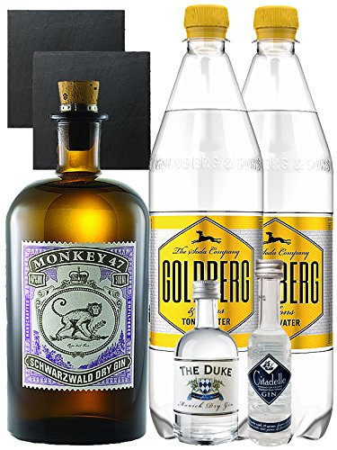 Gin-Set Monkey 47 Schwarzwald Dry Gin 0,5 Liter + The Duke München Dry Gin 5 cl + Citadelle Gin aus Frankreich 5 cl + 2 x Goldberg Tonic Water 1,0 Liter + 2 Schieferuntersetzer quadratisch 9,5 cm Gin-Set Monkey 47 Schwarzwald Dry Gin 0,5 Liter + The Duke München Dry Gin 5 cl + Citadelle Gin aus Frankreich 5 cl + 2 x Goldberg Tonic Water 1,0 Liter + 2 Schieferuntersetzer quadratisch 9,5 cm von Unbekannt