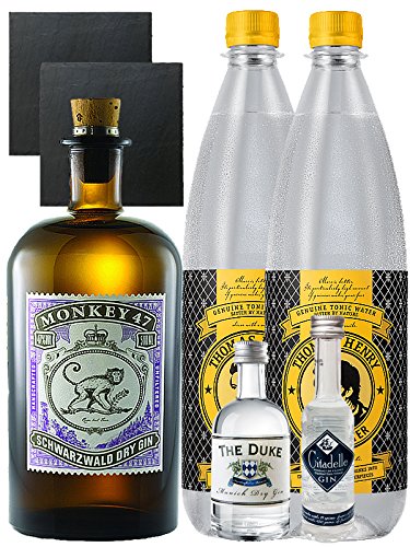 Gin-Set Monkey 47 Schwarzwald Dry Gin 0,5 Liter + The Duke München Dry Gin 5 cl + Citadelle Gin aus Frankreich 5 cl + 2 x Thomas Henry Tonic Water 1,0 Liter + 2 Schieferuntersetzer quadratisch 9,5 cm von Unbekannt