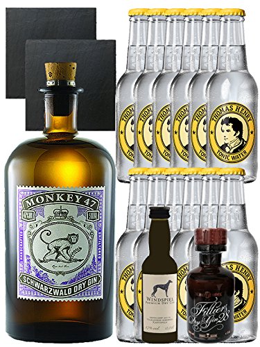 Gin-Set Monkey 47 Schwarzwald Dry Gin 0,5 Liter + Windspiel Premium Dry Gin Deutschland 0,04 Liter + Filliers Premium Dry Gin Belgien 0,05 Liter MINIATUR, 12 x Thomas Henry Tonic Water 0,2 Liter + 2 Schieferuntersetzer quadratisch 9,5 cm von Unbekannt