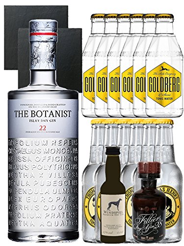 Gin-Set The Botanist Islay Dry Gin 0,7 Liter + Windspiel Premium Dry Gin Deutschland 0,04 Liter + Filliers Dry Gin 0,05 Liter, 6 x Thomas Henry Tonic Water 0,2 Liter, 6 x Goldberg Tonic Water 0,2 Liter + 2 Schieferuntersetzer quadratisch 9,5 cm von Unbekannt