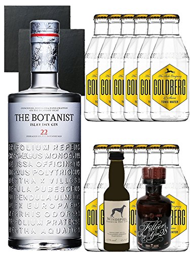 Gin-Set The Botanist Islay Dry Gin 0,7 Liter + Windspiel Premium Dry Gin Deutschland 0,04 Liter + Filliers Premium Dry Gin Belgien 0,05 Liter MINIATUR, 12 x Goldberg Tonic Water 0,2 Liter + 2 Schieferuntersetzer quadratisch 9,5 cm von Unbekannt