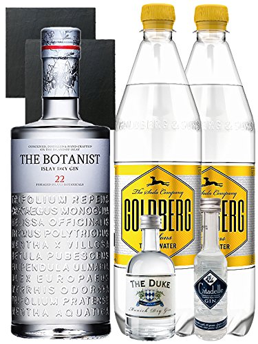 Gin-Set The Botanist Islay Dry Gin 0,7 Liter The Duke München Dry Gin 5 cl + Citadelle Gin aus Frankreich 5 cl + 2 x Goldberg Tonic Water 1,0 Liter + 2 Schieferuntersetzer quadratisch 9,5 cm Gin-Set The Botanist Islay Dry Gin 0,7 Liter The Duke München Dry Gin 5 cl + Citadelle Gin aus Frankreich 5 cl + 2 x Goldberg Tonic Water 1,0 Liter + 2 Schieferuntersetzer quadratisch 9,5 cm von Unbekannt