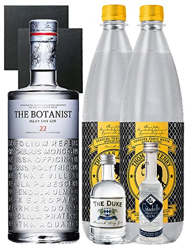 Gin-Set The Botanist Islay Dry Gin 0,7 Liter The Duke München Dry Gin 5 cl + Citadelle Gin aus Frankreich 5 cl + 2 x Thomas Henry Tonic Water 1,0 Liter + 2 Schieferuntersetzer quadratisch 9,5 cm von Unbekannt