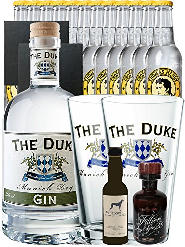 Gin-Set The Duke München Dry BIO Gin 0,7 Liter + Windspiel Dry Gin 0,04 Liter + Filliers Dry Gin 0,05 Liter, 12 x Thomas Henry Tonic Water 0,2 Liter + 2 Schieferuntersetzer quadratisch 9,5 cm + 2 x The Duke Long Drink Glas 0,3 Liter Gin-Set The Duke München Dry BIO Gin 0,7 Liter + Windspiel Dry Gin 0,04 Liter + Filliers Dry Gin 0,05 Liter, 12 x Thomas Henry Tonic Water 0,2 Liter + 2 Schieferuntersetzer quadratisch 9,5 cm + 2 x The Duke Long Drink Glas 0,3 Liter von Unbekannt