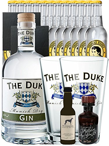 Gin-Set The Duke München Dry BIO Gin 0,7 Liter + Windspiel Dry Gin 0,04 Liter + Filliers Dry Gin 0,05 Liter, 12 x Thomas Henry Tonic Water 0,2 Liter + 2 Schieferuntersetzer quadratisch 9,5 cm + 2 x The Duke Long Drink Glas 0,3 Liter von Unbekannt