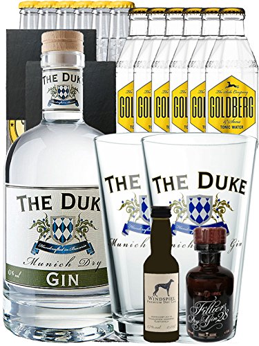 Gin-Set The Duke München Dry BIO Gin 0,7 Liter + Windspiel Dry Gin 0,04 Liter + Filliers Dry Gin 0,05 Liter, 6 x Thomas Henry Tonic Water 0,2 Liter, 6 x Goldberg Tonic Water 0,2 Liter + 2 Schieferuntersetzer quadratisch 9,5 cm + 2 x The Duke Long Drink Glas 0,3 Liter von Unbekannt