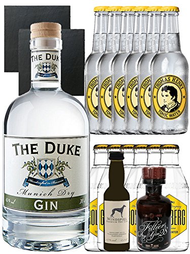 Gin-Set The Duke München Dry BIO Gin 0,7 Liter + Windspiel Premium Dry Gin 0,04 Liter + Filliers Premium Dry Gin 0,05 Liter, 6 x Thomas Henry Tonic Water 0,2 Liter, 6 x Goldberg Tonic Water 0,2 Liter + 2 Schieferuntersetzer quadratisch 9,5 cm von Unbekannt