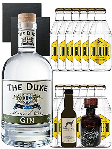 Gin-Set The Duke München Dry BIO Gin 0,7 Liter + Windspiel Premium Dry Gin Deutschland 0,04 Liter + Filliers Premium Dry Gin Belgien 0,05 Liter MINIATUR, 12 x Goldberg Tonic Water 0,2 Liter + 2 Schieferuntersetzer quadratisch 9,5 cm von Unbekannt