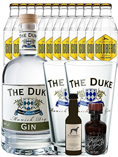 Gin-Set The Duke München Dry BIO Gin 0,7 Liter + Windspiel Premium Dry Gin Deutschland 0,04 Liter + Filliers Premium Dry Gin Belgien 0,05 Liter MINIATUR, 12 x Goldberg Tonic Water 0,2 Liter + 2 x The Duke Long Drink Glas 0,3 Liter von Unbekannt