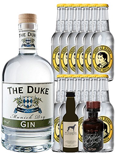 Gin-Set The Duke München Dry BIO Gin 0,7 Liter + Windspiel Premium Dry Gin Deutschland 0,04 Liter + Filliers Premium Dry Gin Belgien 0,05 Liter MINIATUR, 12 x Thomas Henry Tonic Water 0,2 Liter von Unbekannt