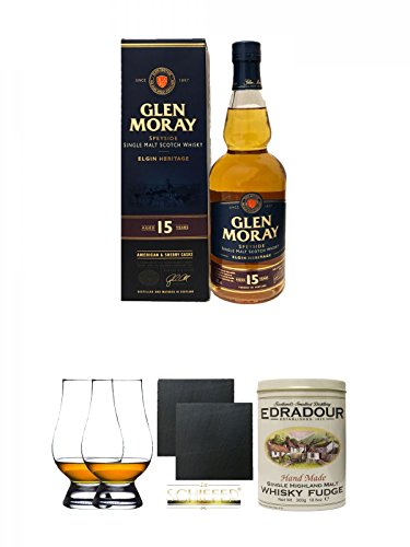 Glen Moray 15 Jahre Single Malt Whisky 0,7 Liter + The Glencairn Glass Whisky Glas Stölzle 2 Stück + Schiefer Glasuntersetzer eckig ca. 9,5 cm Ø 2 Stück + Edradour Malt Whisky Fudge in Blechdose 300g von Unbekannt