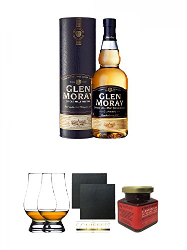 Glen Moray Classic Single Malt Whisky 0,7 Liter + The Glencairn Glass Whisky Glas Stölzle 2 Stück + Schiefer Glasuntersetzer eckig ca. 9,5 cm Ø 2 Stück + Glenfarclas 15 Jahre Erdbeer Marmelade 150g im Glas von Unbekannt